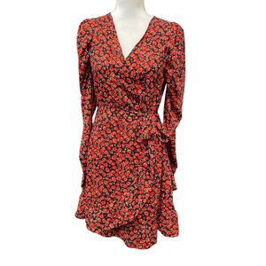 NWT MISSGUIDED Red Rose Black Floral Faux Wrap Tea Mini-Dress Size 8